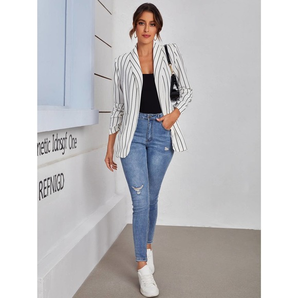 Pinstriped Shawl Collar Blazer striped white black minimalist preppy - Picture 3 of 5